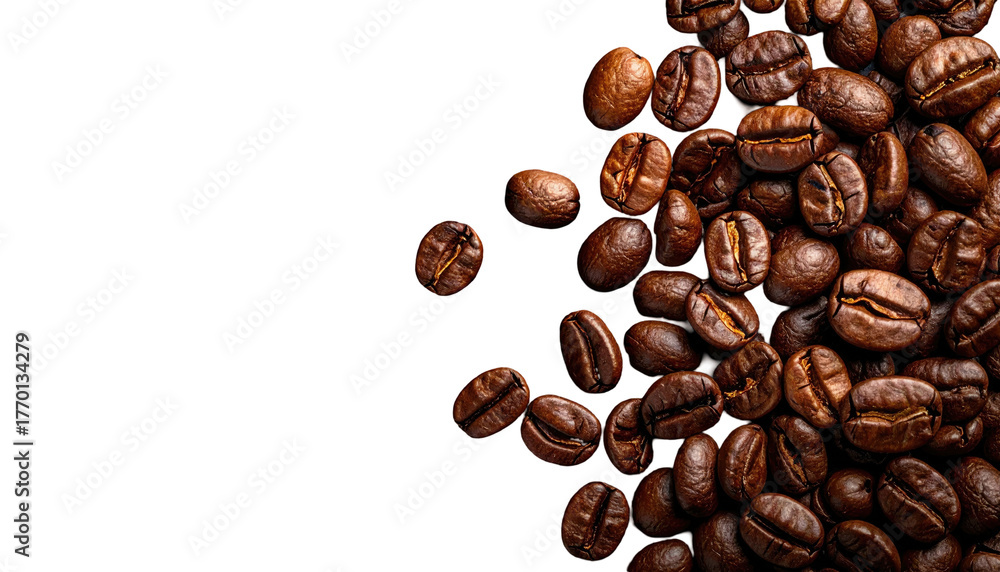 Obraz premium Roasted coffee beans, rich brown hues, clustered on the right against a stark black background. Close-up