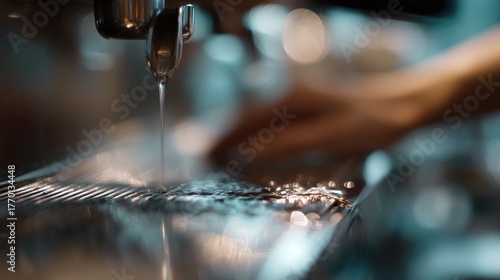 Close-up of a person's hand pouring water from a tap into a sink. the tap is black and has a handle on the right side.