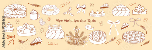 Hand drawn set of elements of Galette des Rois pastries, crowns, festive elements in line sketch style. Whimsical decor for bakery packaging, holiday menus, invitations, Epiphany celebration designs