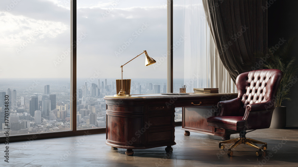 Obraz premium Luxury office interior with elegant desk and chair near panoramic window overlooking city skyline, success, business and leadership concept