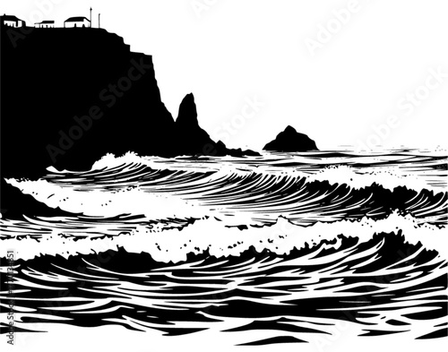 Black and white vector illustration of ocean waves crashing on coastline silhouette