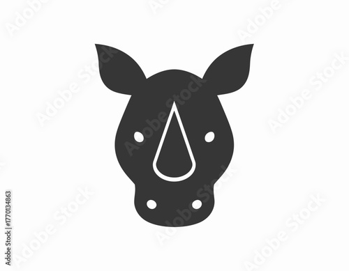 A stylized, minimalist illustration of a rhino's head, facing forward, on a white background.