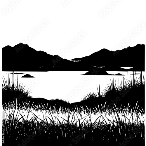 Black and white landscape nature scene with mountains lake and grass art silhouette