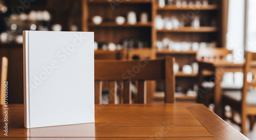Blank White Book Mockup Display on Wooden Table in Cozy Cafe Interior – Clean Menu Template Presentation