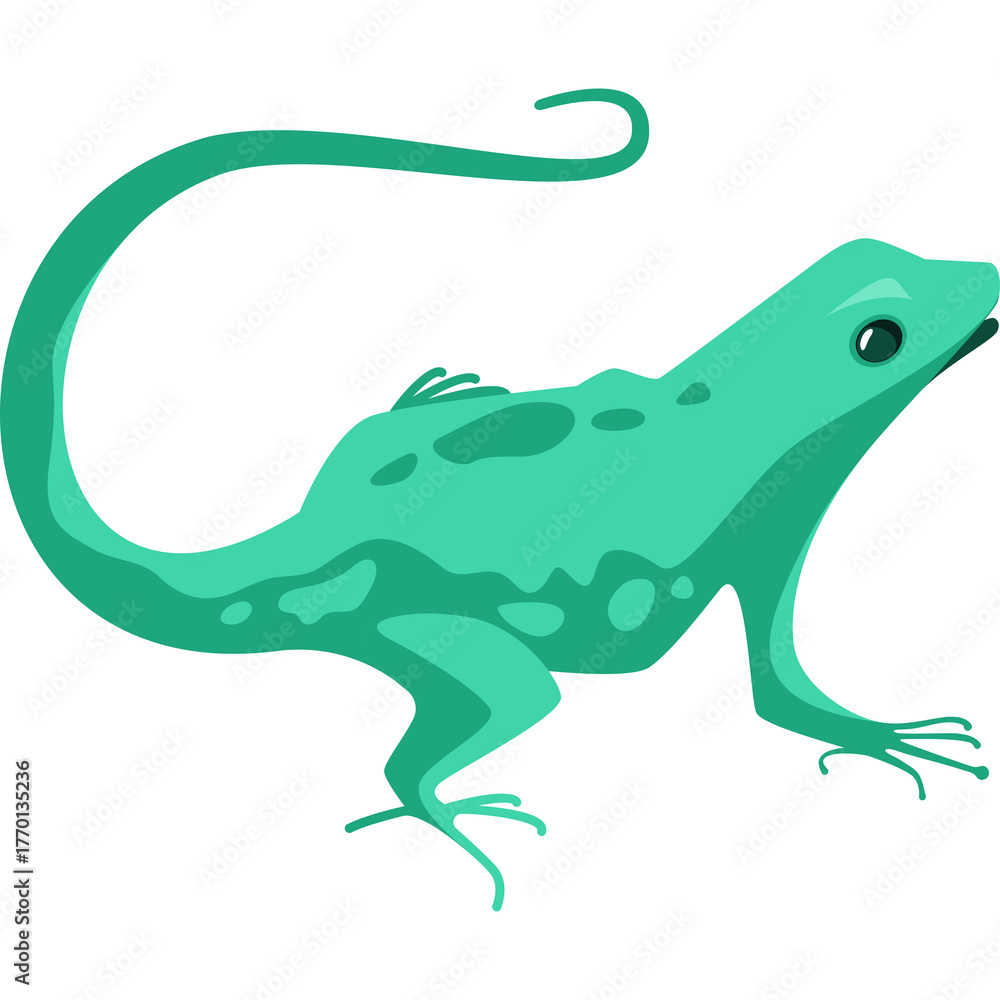 Fototapeta premium Teal Lizard Illustration With Wavy Tail and Four Legs Standing On White Background Detailed Pixel Art Style