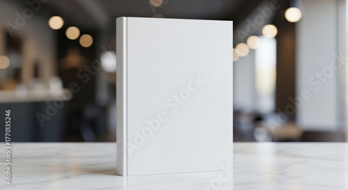 Blank White Book Mockup Standing on Table for Cover Design and Product Display