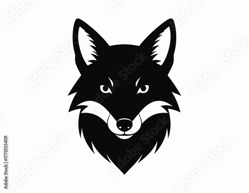 A stylized black and white illustration of a fox head, facing forward with sharp features.