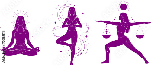 Magical yoga women. Mystical esoteric female silhouettes, minimalist meditating girls vector illustrations set. Yoga feminine contemporary concept