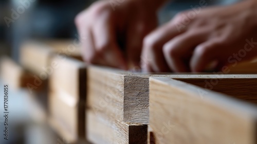 Close-up of a person's hands working on a piece of wood. the hands are positioned on top of a wooden block, with their fingers slightly curled around the edges.
