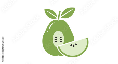 Green Pear Fruit and Slice Illustration with Leaves on White Background