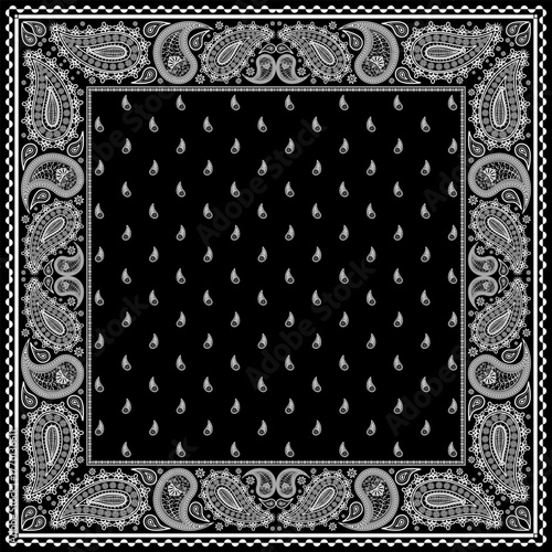 Bandana paisley square ethnic floral hand drawn pattern.Ornament classic vintage vector elements white on black background.Design for scarf,headscarf,kerchief,hijab,tablecloth,print fabric,decoration.