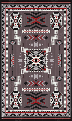 Navajo storm pattern rug style vector.Sacred mountain symbolism with central rectangular motif connecting four corners.Representing weather,lightning.Carpet southwestern tribal geometric illustration.