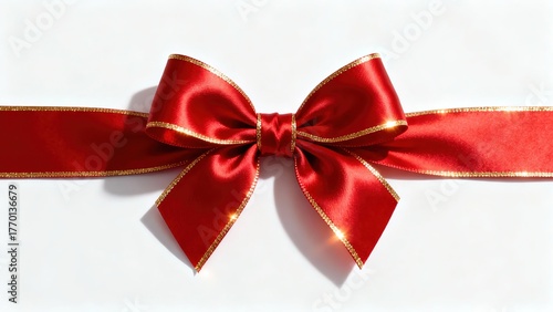 Red satin ribbon with gold trim tied into a bow on a white background