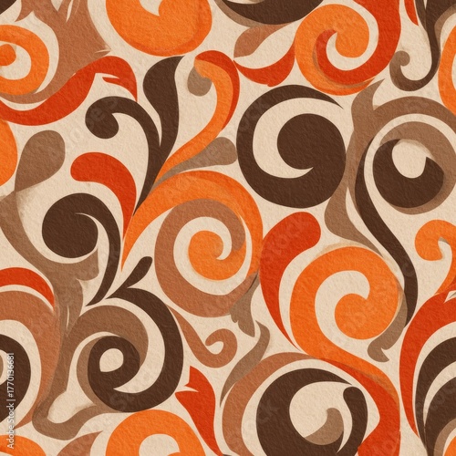 Abstract swirling floral pattern in orange and brown on beige