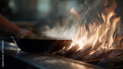 Close-up of a frying pan on an open fire. the pan is black and appears to be made of metal. the fire is burning brightly, with orange and yellow flames and thick smoke rising up into the air.