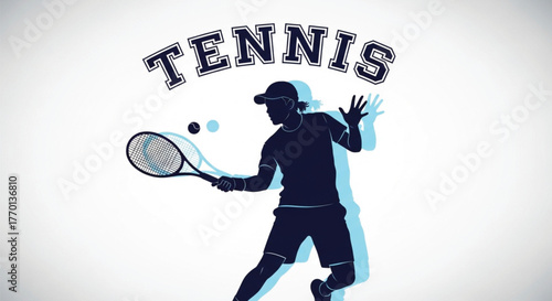 Vector Silhouette of a Tennis Player Hitting a Return Shot with Racket and Ball, Featuring Dynamic Blue Shadow and Bold "TENNIS" Text.