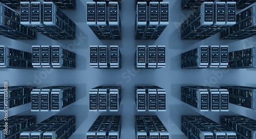 Symmetrical pattern of server computer equipment in a dark blue-toned data center with a futuristic ambiance.