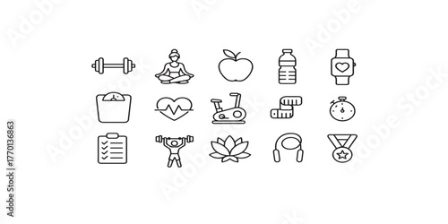Print  Fitness and Healthy Lifestyle Line Icons — gym, dumbbell, yoga, nutrition, smartwatch vector