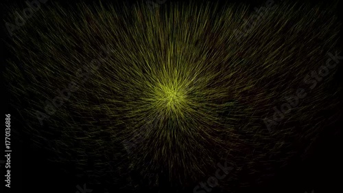 A mesmerizing abstract animation of a starburst with countless fine, hair-like yellow and green lines radiating outward on a deep black background. A dynamic, energetic effect.