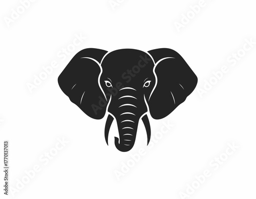 A stylized, symmetrical, black and white illustration of an elephant's head, facing forward.