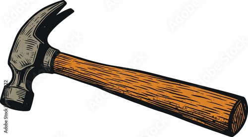 Vintage Engraving Style Vector Illustration of a Claw Hammer with Wood Handle, Ideal for Construction, Carpentry, and DIY Projects.