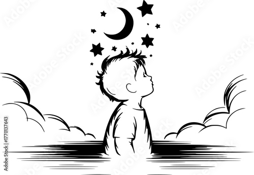 Little Boy Looking Up at the Moon and Stars in the Night Sky: Black and White Vector Line Illustration of Dreams, Fantasy, and Hopeful Childhood Wonder.