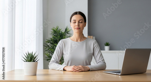 Mindful Woman Meditating At Office Desk For Stress Relief And Workplace Wellness