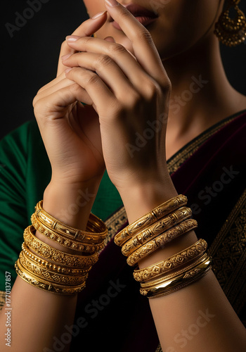 Close-up of woman wearing traditional gold bangles