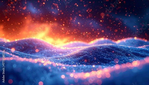 Magical glowing landscape with sparkling blue and purple waves under a dazzling cosmic sky of orange light.