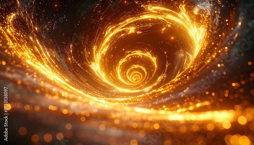 Stunning abstract visualization of a powerful golden energy vortex with luminous particles creating a dynamic light swirl.