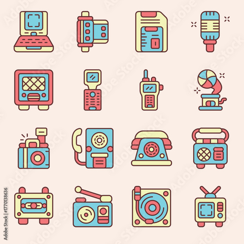 Vintage Tech Gadgets A Collection of Retro Electronics and Iconic Media Devices in Colorful Outline Style