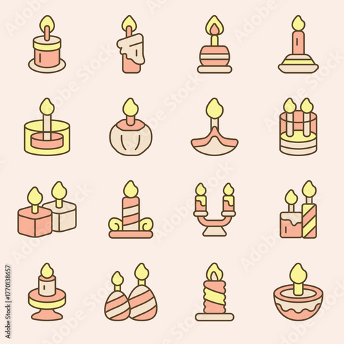 A decorative set of colorful candle icons featuring various designs. Includes birthday candles, pillar candles, tea lights, and candelabras for celebrations and festive events