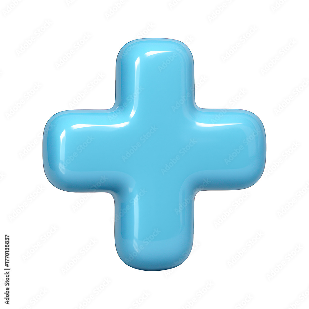 Obraz premium Glossy, rounded, light blue plus sign against a stark black background