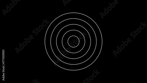 A clean and simple graphic of concentric white circles pulsing outward from a central point on a solid black background. A minimalist and modern design with a hypnotic effect.