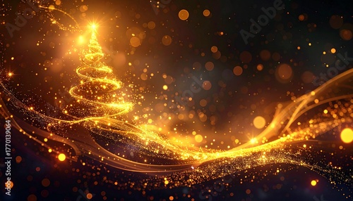 Sparkling golden Christmas tree with shimmering light particles and abstract festive glow against a dark background.