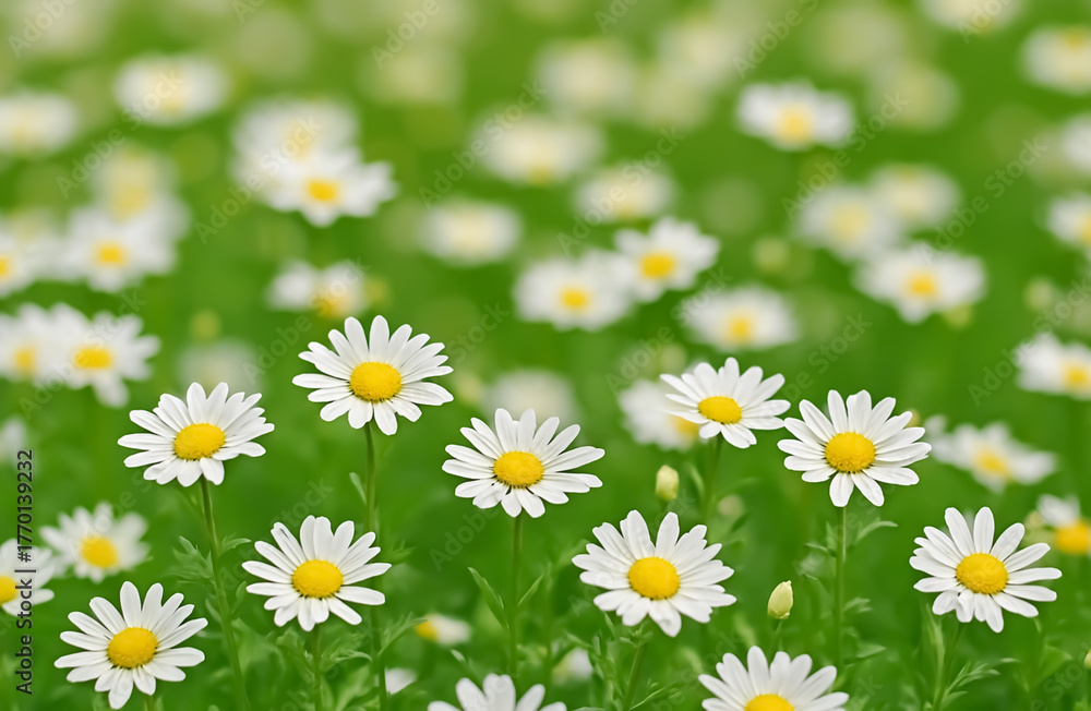 Fototapeta premium A sea of white daisies stretches endlessly, their golden centers glowing like sunshine above a bed of lush green.