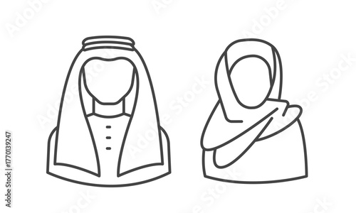 Saudi man and woman avatars in simple linear style. Arabic muslim people icon. Vector