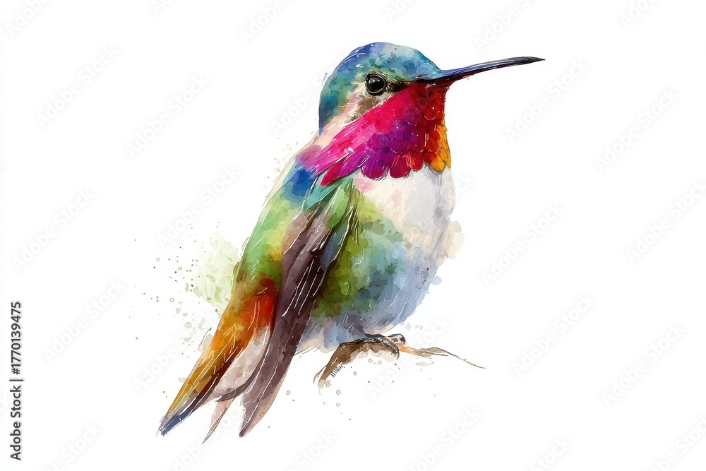 Fototapeta premium Colorful tropical hummingbird perched gracefully against a plain white background showcasing its vibrant plumage and intricate details