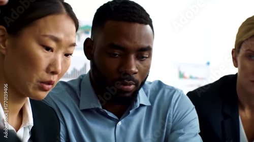 Diverse business professionals intently focused on a shared project, collaborating closely.