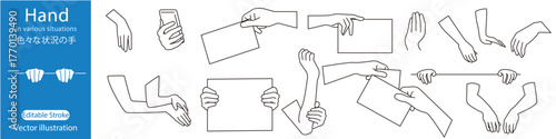 様々な状況・動作の手のベクターイラストセット,何かを持つ、指し示す、汎用的な手のジェスチャーコレクション,メッセージやアイテムを伝えるためのラインアート素材(編集可能/ベクターセット)