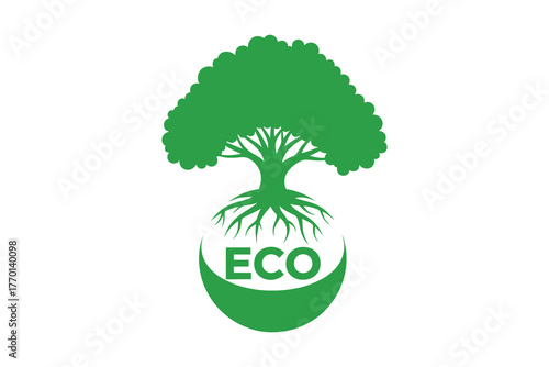 Green tree with roots and eco symbol, vector art, symbolic Logo