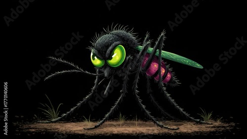 A menacing cartoon mosquito with glowing green eyes, a pink abdomen, and green wings stands