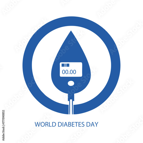 A blue circular emblem featuring a stylized drop of blood with a digital glucose meter displaying "00.00," symbolizing World Diabetes Day and the importance ...