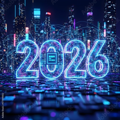 Futuristic 2026 with glowing circuit lines, AI holographic effects, and digital network patterns. Symbol of future technology and innovation in the modern digital era