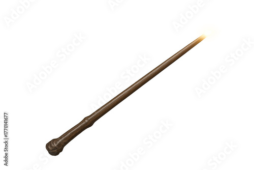Brown wooden wand with rounded end and glowing tip, featuring subtle carvings slim, tapered shaft