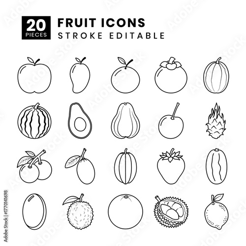 Line Art Fruit Icons Assortment Black and White Vector Set