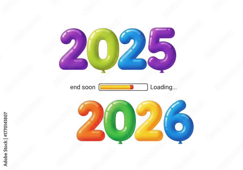 Fototapeta premium Loading bar with 2025 and 2026 balloon numbers isolated on transparent background a concept of the transition from one year to the next