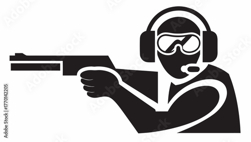 Dynamic sharpshooter icon with gun and headset, conveying focus, precision, and skill, perfect for gaming, sports, or tactical designs with vector appeal