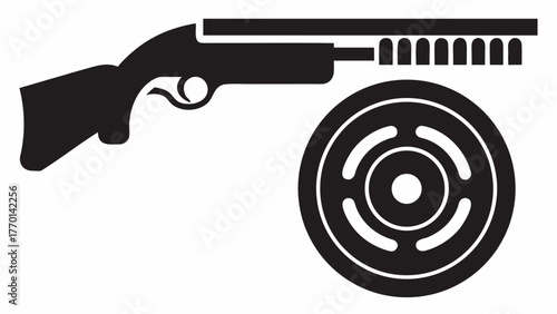 Striking black silhouette of a shotgun with ammo disk, emphasizing hunting sports and shooting range activities, perfect for tactical design and adventure themes