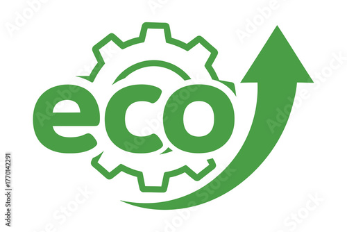 Green eco gear symbol with upward arrow representing growth and sustainability, vector art, symbolic Logo